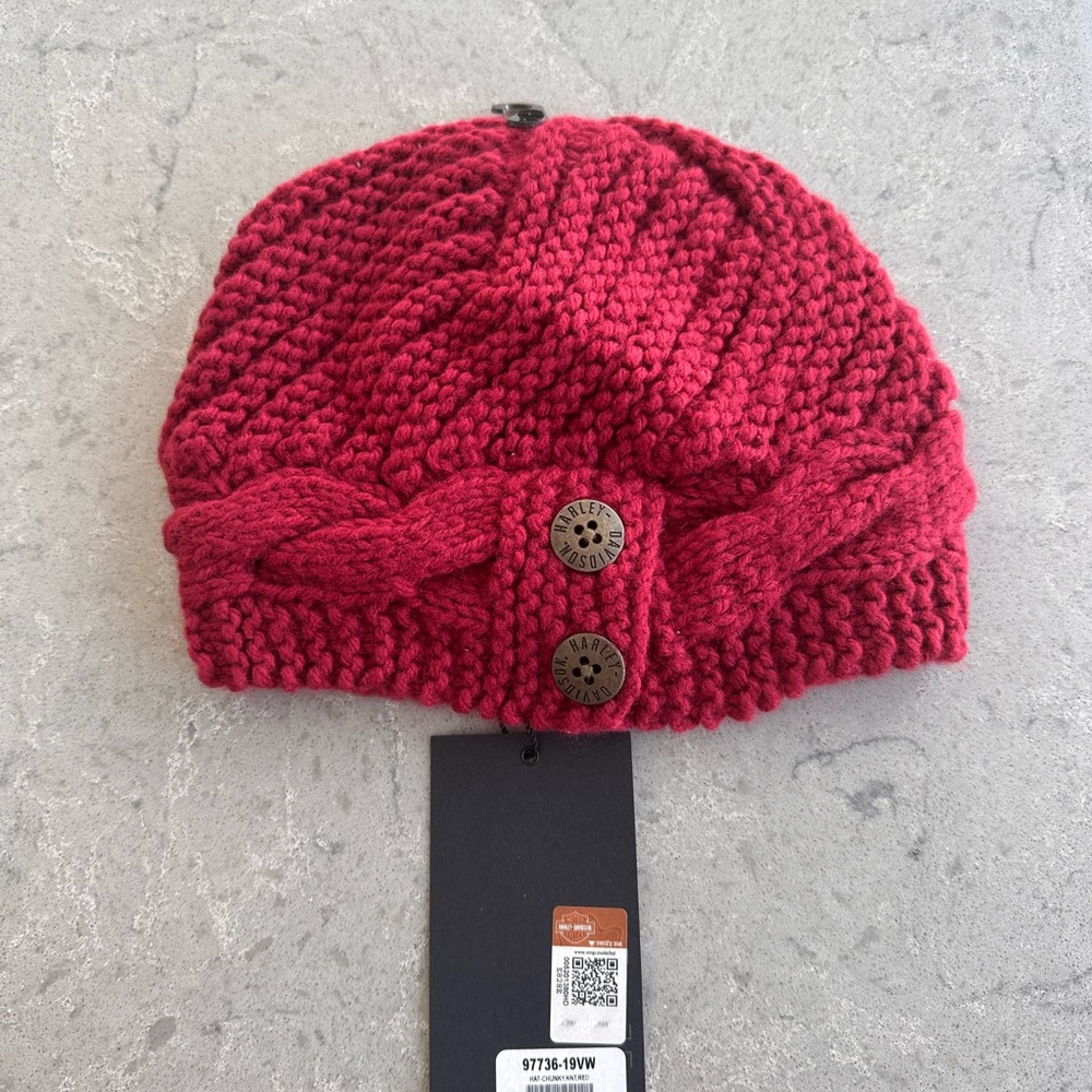 Red Knit Beanie with Button Accents